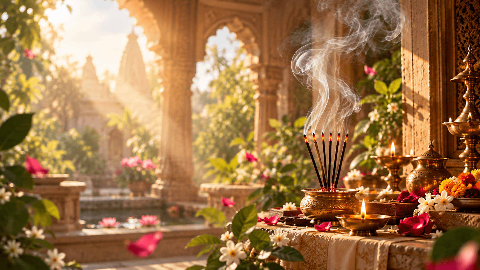 Incense sticks burning in brass urn at a sunlit temple courtyard, with diyas and fresh flowers